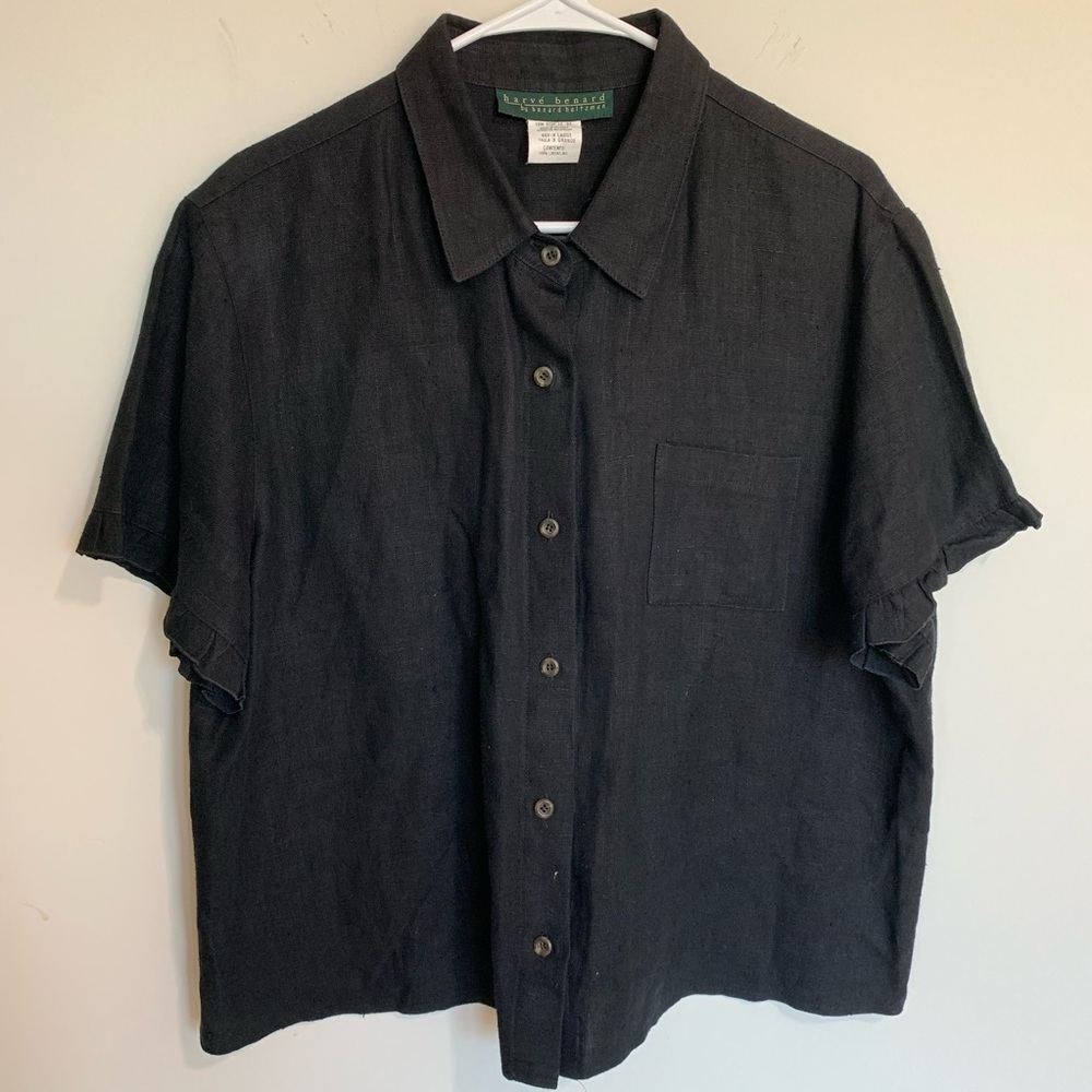 M4 Harve Benard Women Black Linen Shirt Button Up Blouse Short Sleeve XL